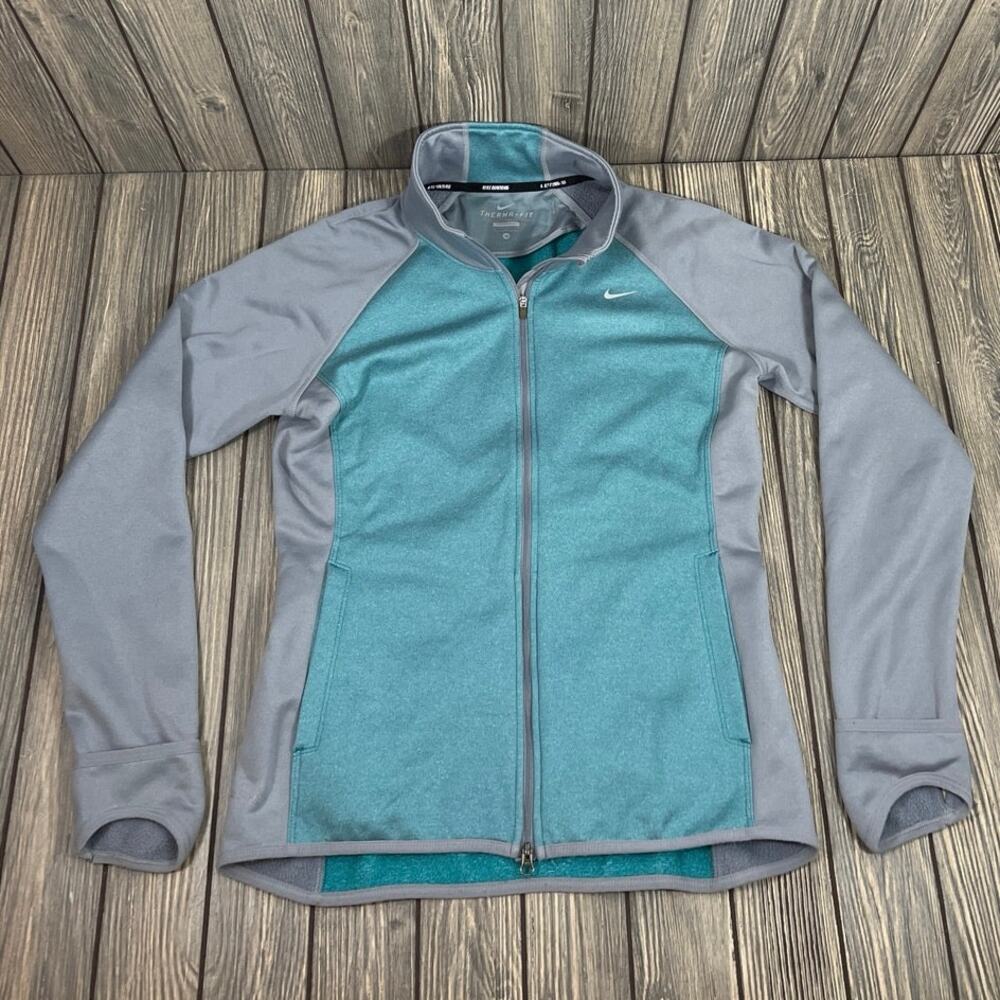 Nike Therma Fit Women Running jacket Gray Aqua Sz M Outdoor Shacket Athleisure